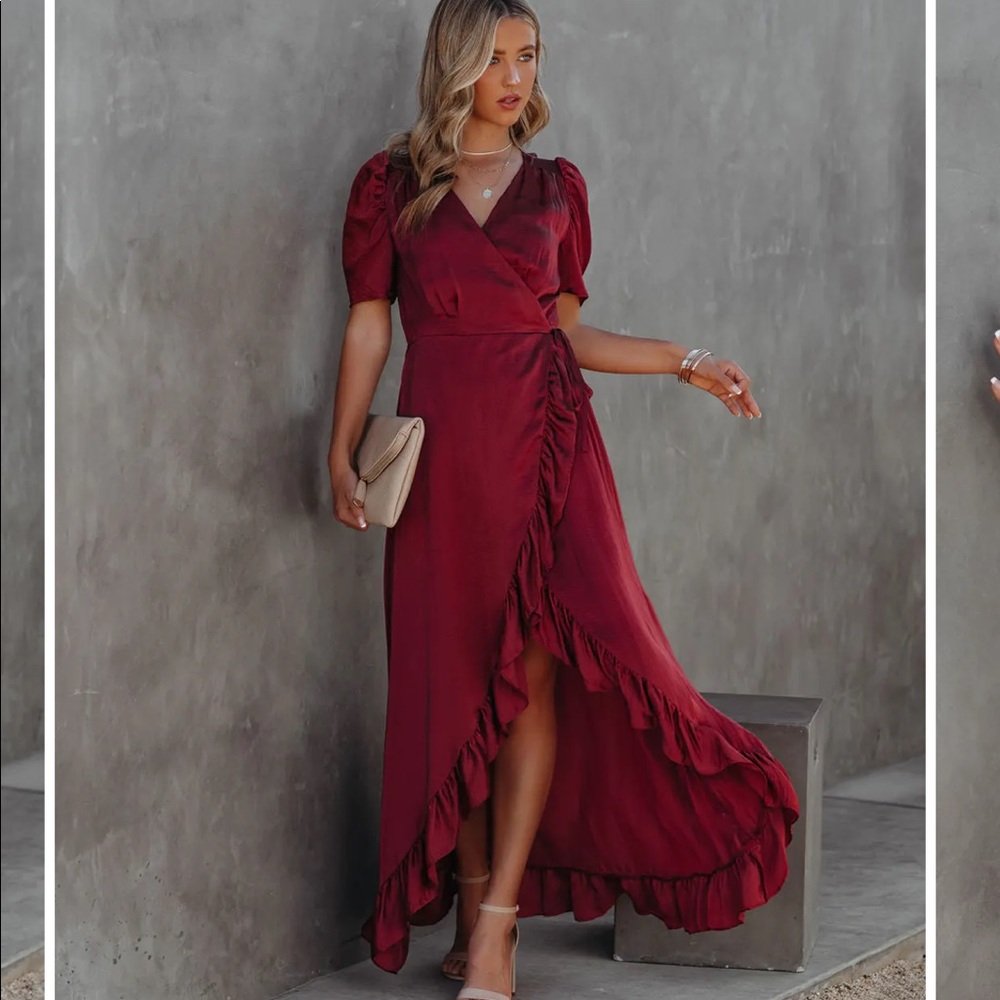 Red Carpet Ruffle Wrap High Low Dress- Maroon